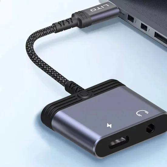 Аудио адаптер Lito (LA04L) - Lightning към Jack 3.5mm + Type-C, Поддръжка на разговори, Бързо зареждане, 60W - Черен