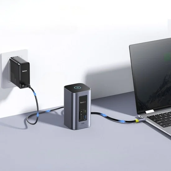 Докинг станция NU1 Air Spacemate (B00568103813-00) - Baseus - USB-C към 2x HDMI, RJ45, SD/TF, USB портове - Космическо сиво