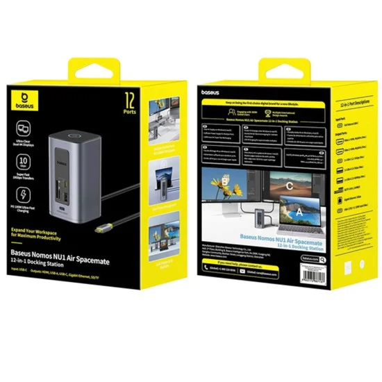 Докинг станция NU1 Air Spacemate (B00568103813-00) - Baseus - USB-C към 2x HDMI, RJ45, SD/TF, USB портове - Космическо сиво