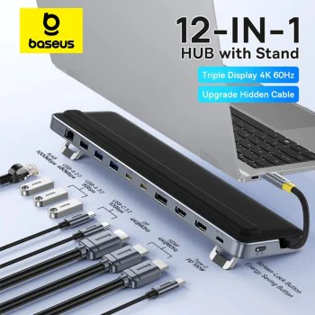 Докинг станция EliteJoy EH3 (B0114200) - Baseus - USB-C към 2x HDMI, DP, 10Gbps, SD/TF, RJ45 - Космическо сиво