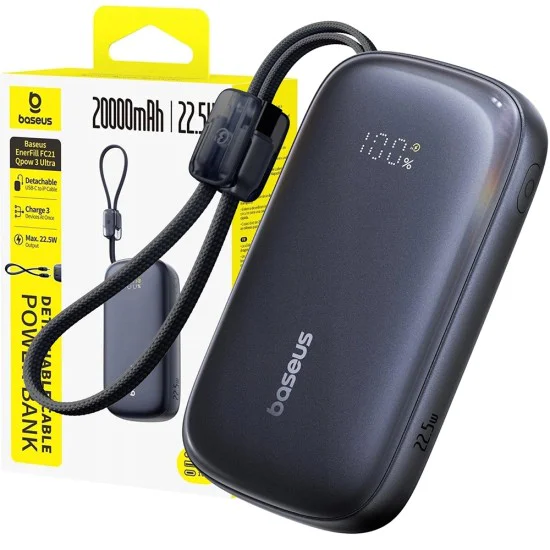 Външна батерия EnerFill FC21 Qpow 3 Ultra (E0027M00) - Baseus - с отделящ се кабел, 20000mAh, 22.5W - Космическо черно
