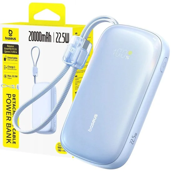 Външна батерия EnerFill FC21 Qpow 3 Ultra (E0027L03) - Baseus - с отделящ се кабел, 10000mAh, 22.5W - Галактическо синьо
