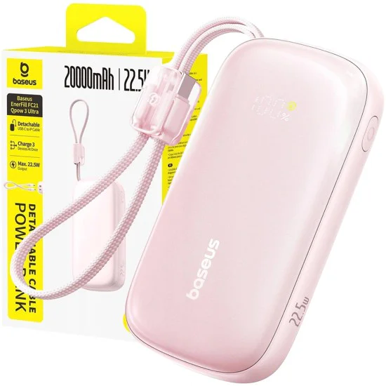 Външна батерия EnerFill FC21 Qpow 3 Ultra (E0027L02) - Baseus - с отделящ се кабел, 10000mAh, 22.5W - Мъгляво розово