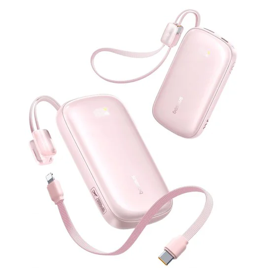 Външна батерия EnerFill FC21 Qpow 3 Ultra (E0027L02) - Baseus - с отделящ се кабел, 10000mAh, 22.5W - Мъгляво розово