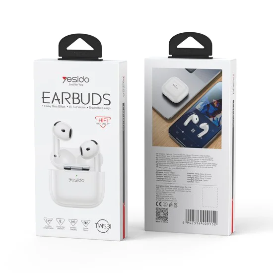 Безжични слушалки (TWS31) - Yesido - 13мм говорител, Bluetooth 5.4, Half-In-ear дизайн, 300mAh - Бяло