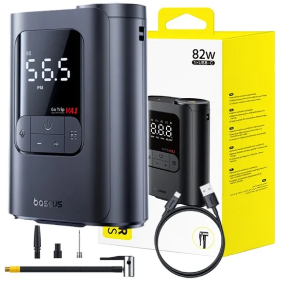 Компресор за кола GoTrip VA1 Super Mini (C0119501) - Baseus - безжичен, дисплей, автоматично спиране, 82W - Космическо черно