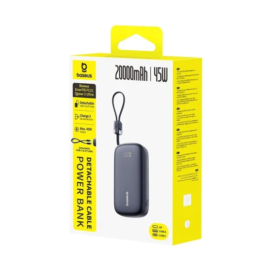 Външна батерия EnerFill FC21 Qpow 3 Ultra (E0027P00) - Baseus - с отделящ се кабел, 20000mAh, 45W - Космическо черно