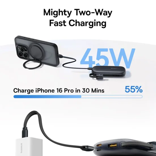 Външна батерия EnerFill FC21 Qpow 3 Ultra (E0027Q02) - Baseus - с отделящ се кабел, 10000mAh, 45W - Мъгляво розово