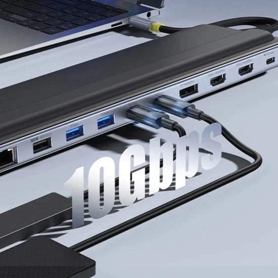 Докинг станция EliteJoy EH3 (B0114200) - Baseus - USB-C към 2x HDMI, DP, 10Gbps, SD/TF, RJ45 - Космическо сиво