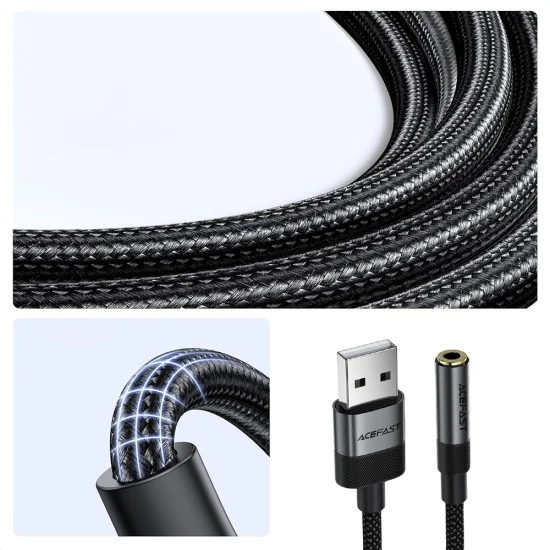 Аудио адаптер (J13) - Acefast - USB (мъжко) към Jack 3.5мм (женско), Hi-Fi звук, без забавяне, 15см - Черно