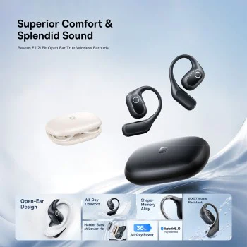 Безжични слушалки Baseus Eli 2i Fit (A0102604) - Open-Ear дизайн, Bluetooth 6.0, AI ENC, 600mAh - Черни
