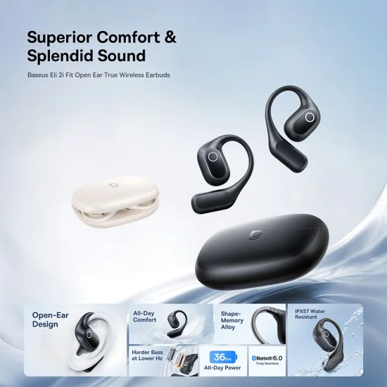 Безжични слушалки Baseus Eli 2i Fit (A0102604) - Open-Ear дизайн, Bluetooth 6.0, AI ENC, 600mAh - Черни