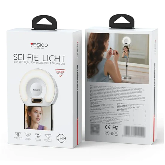 LED селфи лампа с щипка за телефон (DH13) - Yesido - 400mAh, 6.8W, 3 режима на светлина - Бяло