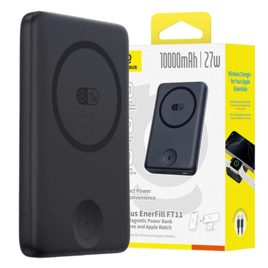 Магнитна външна батерия EnerFill FT11 (P1008210G123-00) - Baseus - за Apple Watch/iPhone, 10000mAh, 27W - Космическо черно