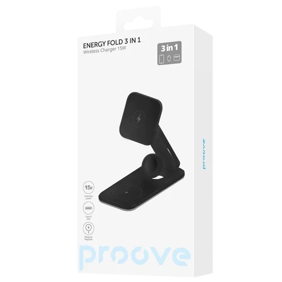 Безжична зарядна станция Proove Energy Fold (WSEF15010001) - MagSafe, 3в1, 15W - Черна