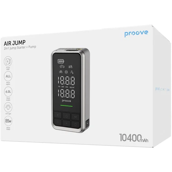 Външна батерия и джъмп стартер Proove (JSAP10400203) - с помпа за гуми, 10400mAh, 1000A - Сива