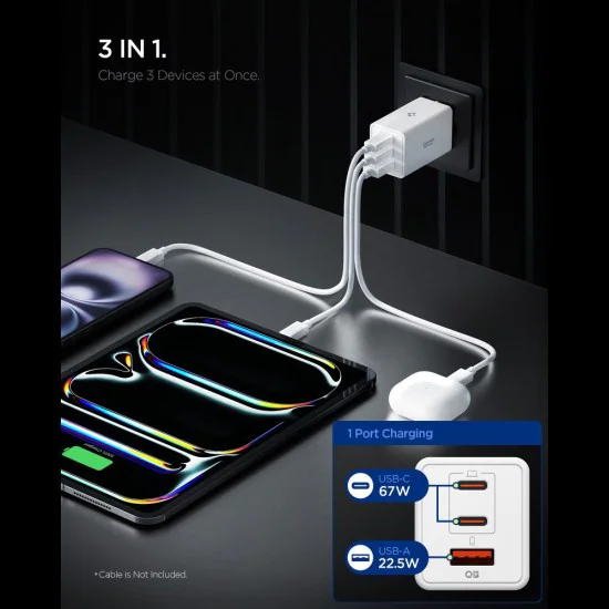 Зарядно устройство Spigen Essential EE673EU (ACH08710) - USB, 2x Type-C, Quantum Boost, 67W - Бяло
