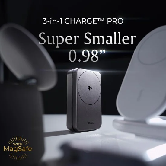Безжично зарядно W106 (YL0424120009) 3в1 - Lisen - MagSafe, Qi2, сгъваема станция за iPhone/Apple Watch/AirPods, 15W - Сиво