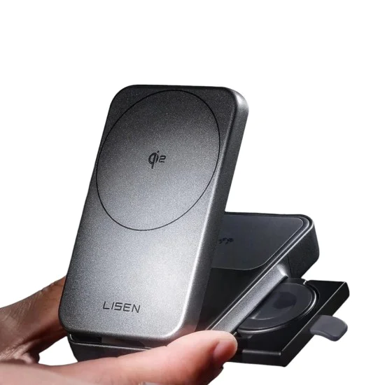 Безжично зарядно W106 (YL0424120009) 3в1 - Lisen - MagSafe, Qi2, сгъваема станция за iPhone/Apple Watch/AirPods, 15W - Сиво
