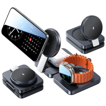 Безжично зарядно W103 (YL0324090008) - Lisen - MagSafe, бързо зареждане, 3в1, Qi2, с Type-C кабел и зарядно - Черно