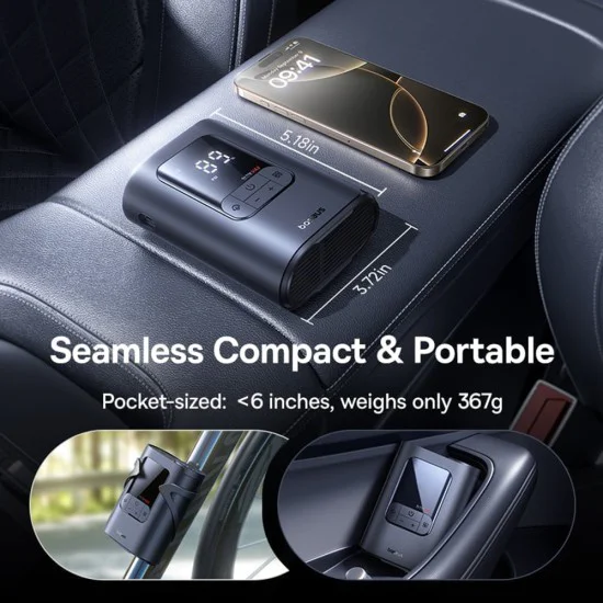 Компресор за кола GoTrip VA1 Super Mini (C0119701) - Baseus - с дисплей, фенерче, 22 цилиндъра - Космическо черно