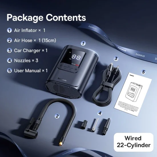 Компресор за кола GoTrip VA1 Super Mini (C0119701) - Baseus - с дисплей, фенерче, 22 цилиндъра - Космическо черно