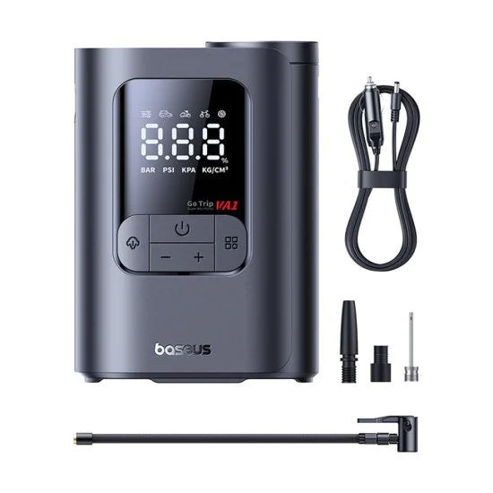 Компресор за кола GoTrip VA1 Super Mini (C0119701) - Baseus - с дисплей, фенерче, 22 цилиндъра - Космическо черно