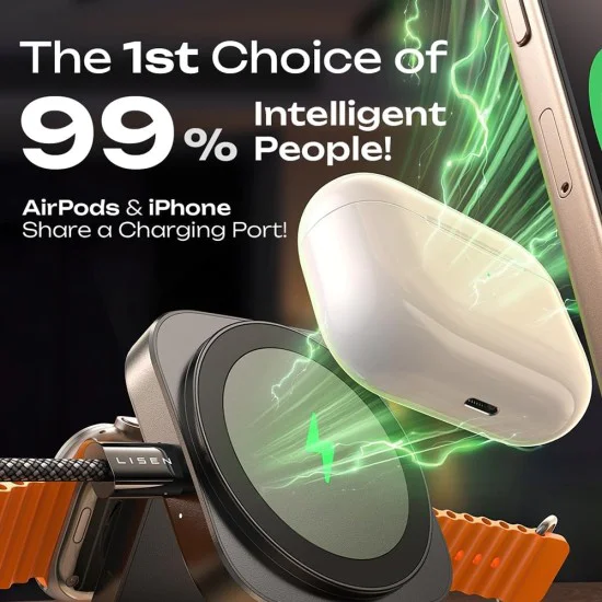 Безжично зарядно 2в1 (YL0324100013) за iPhone, Apple Watch, AirPods - Lisen - MagSafe, с Type-C кабел, 15W - Черно
