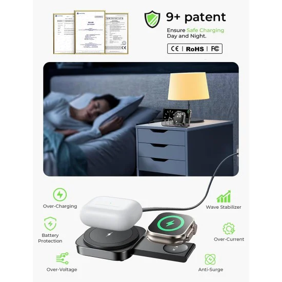 Безжично зарядно 2в1 (YL0324100013) за iPhone, Apple Watch, AirPods - Lisen - MagSafe, с Type-C кабел, 15W - Черно