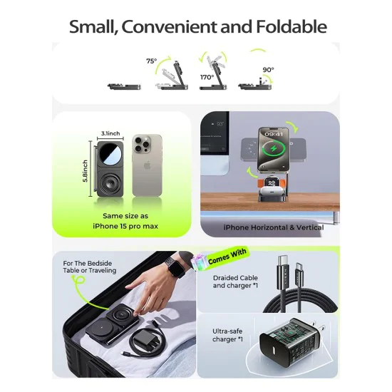 Зарядна станция 3в1 (YL0424010003) за телефон, AirPods и Apple Watch - Lisen - със зарядно за стена, 15W, сгъваема - Черно