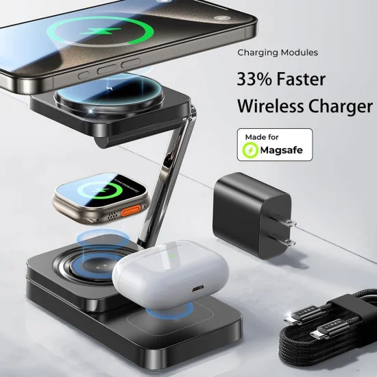 Зарядна станция 3в1 (YL0424010003) за телефон, AirPods и Apple Watch - Lisen - със зарядно за стена, 15W, сгъваема - Черно