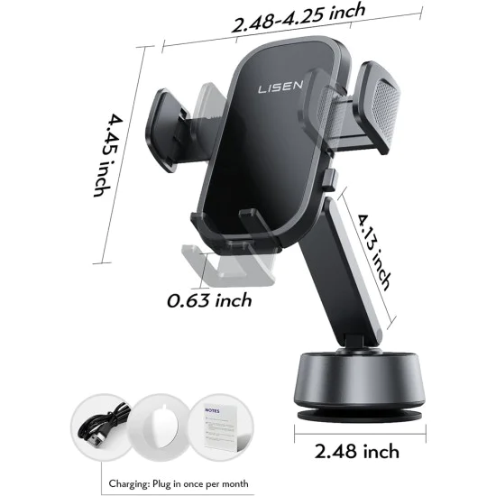 Стойка за кола A680 (YL0225010007) за табло и бюро - Lisen - Електрически вакуум, 360° ротация, скоби за захващане - Черно