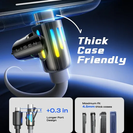 Кабел за данни (YL0124110002) - Lisen - 4в1 универсален кабел, USB/Type-C към Type-C/Lightning, RGB, 240W, 2м - Сив