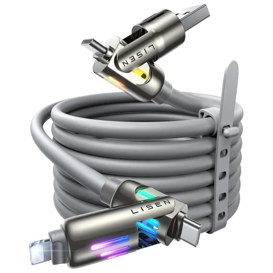 Кабел за данни (YL0124110002) - Lisen - 4в1 универсален кабел, USB/Type-C към Type-C/Lightning, RGB, 240W, 2м - Сив