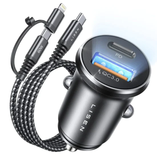 Зарядно за кола (YL0223080035) - Lisen - USB, Type-C, с 3в1 Type-C/Lightning към Type-C кабел, 12V/24V - Черно