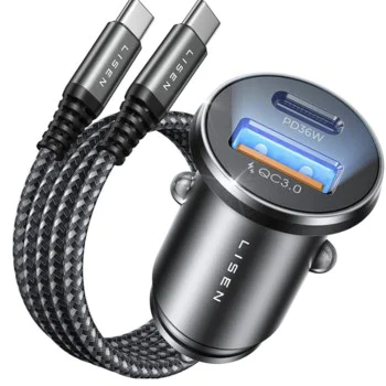 Зарядно за кола (YL0223080047) - Lisen - USB, Type-C, с брониран Type-C кабел, 12V/24V - Черно / Тъмносин
