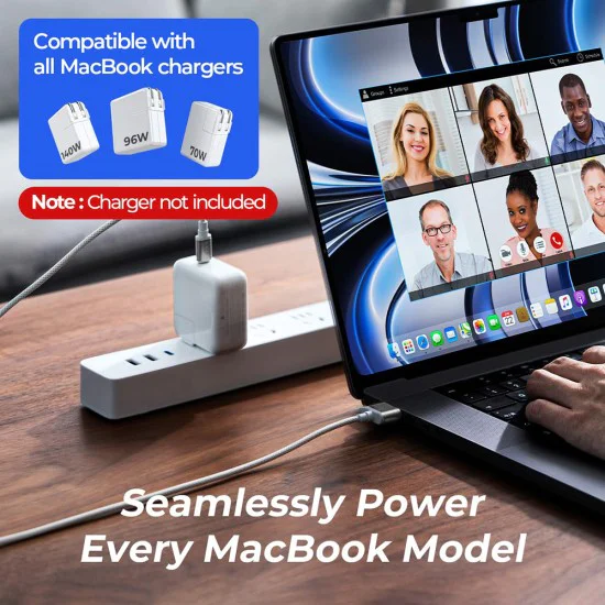 Кабел за данни (YL0123070001) за MacBook - Lisen - Type-C към MagSafe 3, 140W бързо зареждане, оплетен, 2м - Сребрист