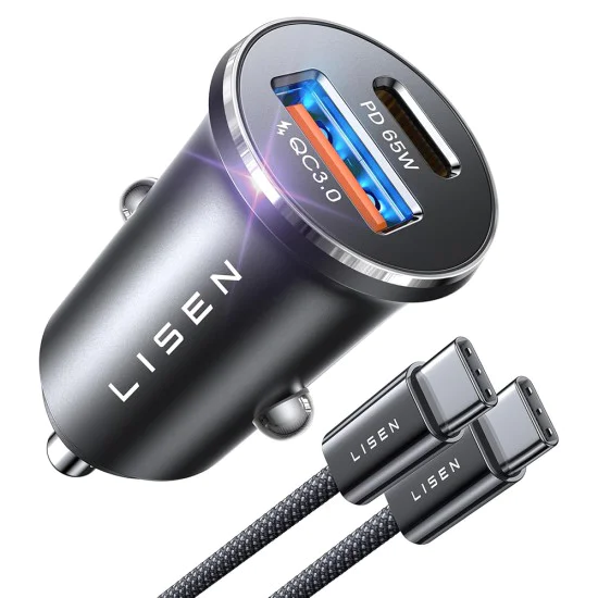 Зарядно за кола (YL0223110003) - Lisen - с Type-C оплетен кабел, USB, USB-C, PD65W, QC3.0, алуминиева сплав - Сребрист
