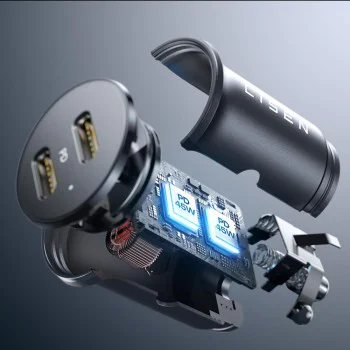 Зарядно за кола (YL0223080007) - Lisen - Двоен Type-C, 2x 45W, 12V/24V, алуминиева сплав - Черно