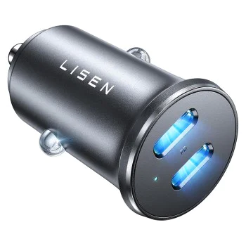 Зарядно за кола (YL0223080007) - Lisen - Двоен Type-C, 2x 45W, 12V/24V, алуминиева сплав - Черно