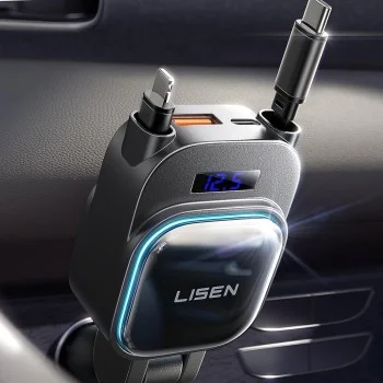 Зарядно за кола (YL0224080017) - Lisen - 4в1, USB, Type-C, с 2х прибиращи се кабели, LED дисплей, 96W, 12V/24V - Черно