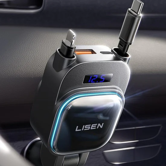 Зарядно за кола (YL0224080017) - Lisen - 4в1, USB, Type-C, с 2х прибиращи се кабели, LED дисплей, 96W, 12V/24V - Черно