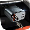 Зарядно за кола (YL0224040031) - Lisen - 4в1, USB, Type-C, с прибиращи се USB-C и Lightning кабели, алуминиева сплав - Черно