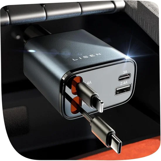 Зарядно за кола (YL0224040031) - Lisen - 4в1, USB, Type-C, с прибиращи се USB-C и Lightning кабели, алуминиева сплав - Черно