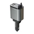 Зарядно за кола (YL0224040031) - Lisen - 4в1, USB, Type-C, с прибиращи се USB-C и Lightning кабели, алуминиева сплав - Черно