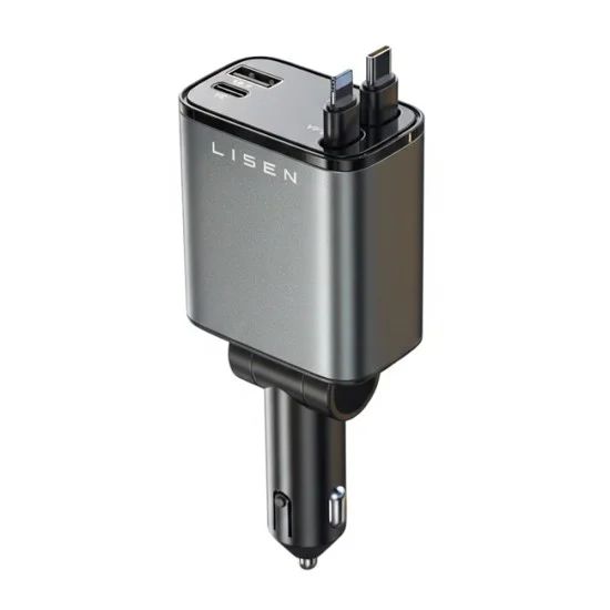 Зарядно за кола (YL0224040031) - Lisen - 4в1, USB, Type-C, с прибиращи се USB-C и Lightning кабели, алуминиева сплав - Черно