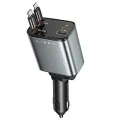 Зарядно за кола (YL0224040031) - Lisen - 4в1, USB, Type-C, с прибиращи се USB-C и Lightning кабели, алуминиева сплав - Черно