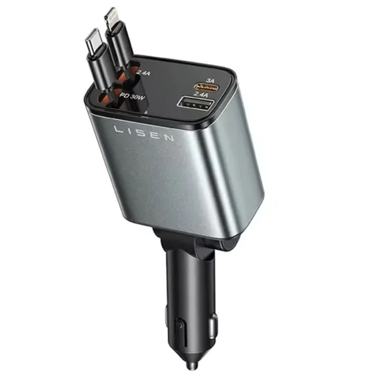 Зарядно за кола (YL0224040031) - Lisen - 4в1, USB, Type-C, с прибиращи се USB-C и Lightning кабели, алуминиева сплав - Черно
