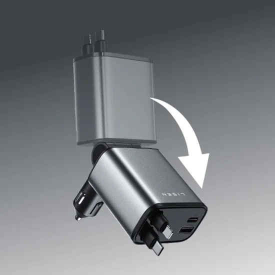 Зарядно за кола (YL0224040031) - Lisen - 4в1, USB, Type-C, с прибиращи се USB-C и Lightning кабели, алуминиева сплав - Черно