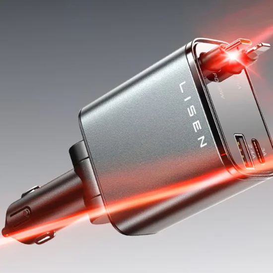 Зарядно за кола (YL0224040031) - Lisen - 4в1, USB, Type-C, с прибиращи се USB-C и Lightning кабели, алуминиева сплав - Черно